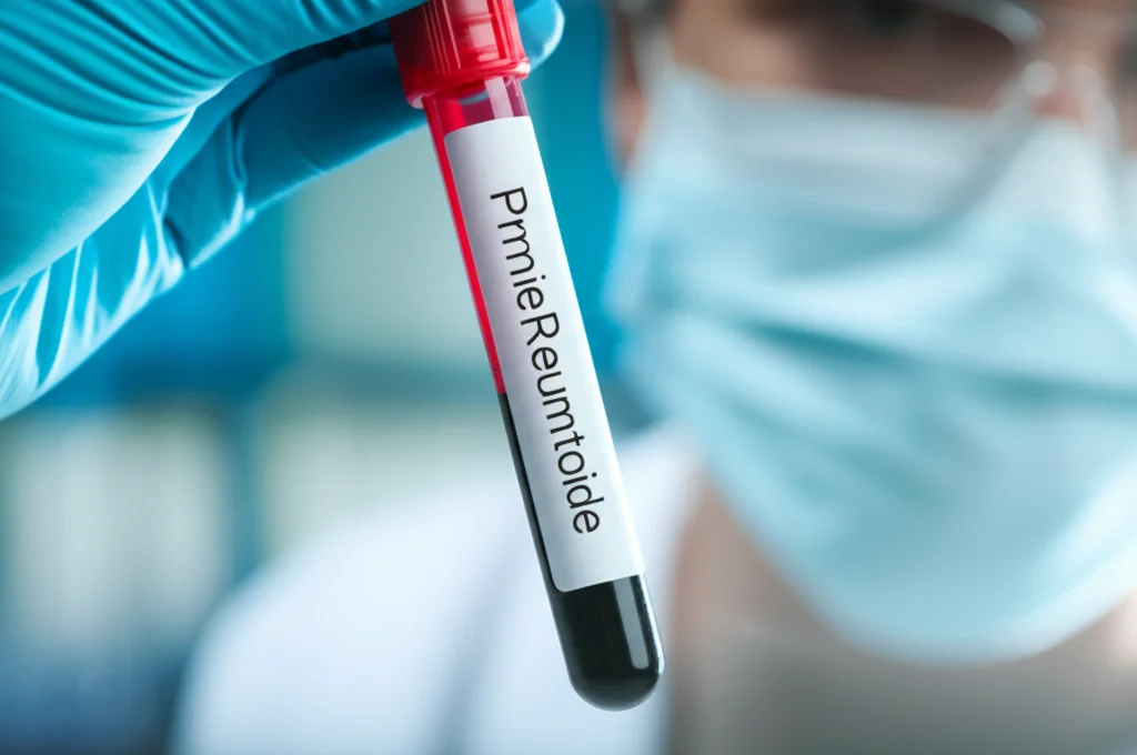 Primo piano di una provetta di sangue in un laboratorio medico, illuminazione controllata, lente macro 100mm, alta definizione, focus preciso sul campione, simboleggia l'analisi dei biomarcatori per artrite reumatoide e malattia renale cronica.