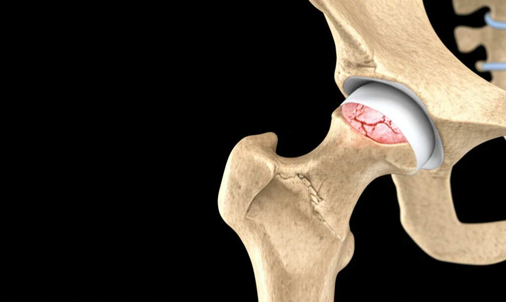 Primo piano macro di un'articolazione dell'anca umana che mostra segni iniziali di osteonecrosi, con osso leggermente scolorito e microfratture. Illuminazione controllata e messa a fuoco precisa per evidenziare i dettagli. Lente macro 90mm, alta definizione, sfondo neutro.