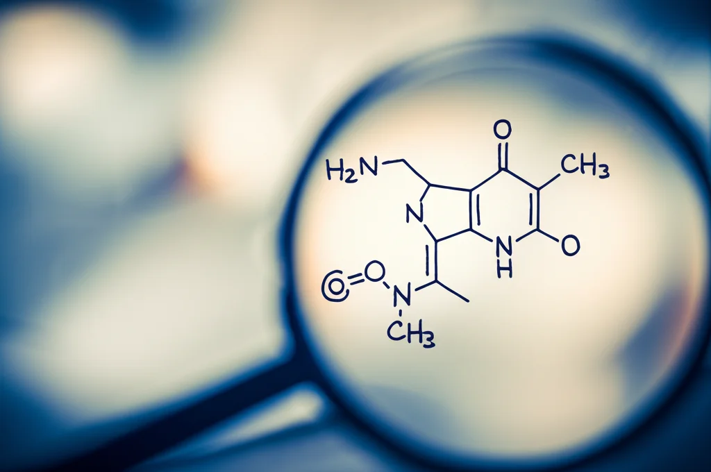 Rappresentazione astratta delle molecole di Vitamina D3 e F-25(OH)D illuminate da un raggio di sole, sfondo sfocato che suggerisce un ambiente clinico, lente prime 35mm, profondità di campo, colori caldi e freddi in duotono (giallo sole e blu clinico).