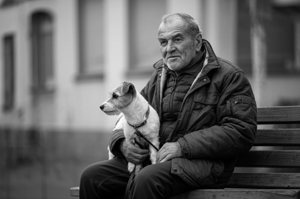 Ritratto fotorealistico in bianco e nero di un uomo anziano seduto su una panchina con il suo piccolo terrier sulle ginocchia, entrambi guardano nella stessa direzione con espressione serena. Pellicola bianco e nero, obiettivo 50mm, luce laterale morbida, atmosfera intima.