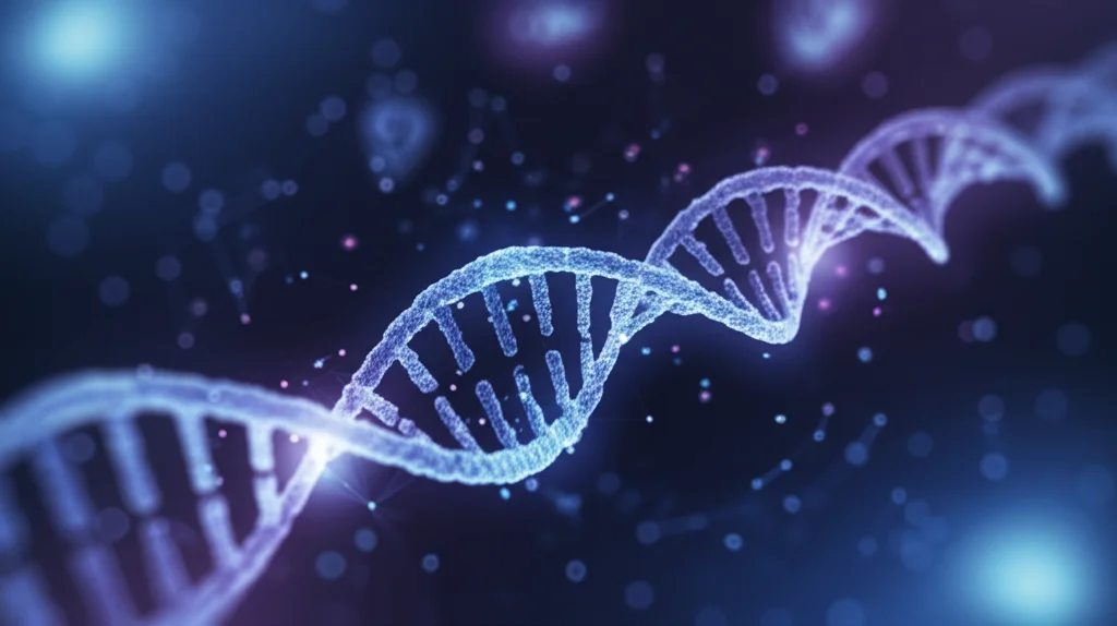 Visualizzazione astratta di dati genetici con filamenti di DNA stilizzati e punti luminosi che rappresentano SNP su uno sfondo scuro. Tonalità duotone blu e viola, profondità di campo per focalizzare su alcuni elementi chiave. Lente 35mm, effetto cinematografico.