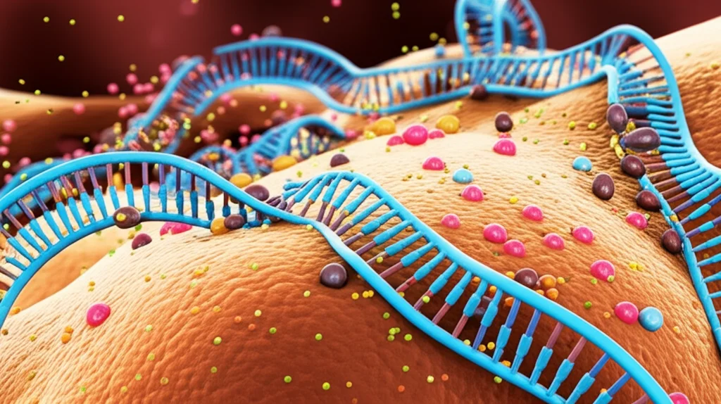 Illustrazione scientifica dettagliata che mostra l'interazione tra geni e proteine all'interno di una cellula umana, con particolare enfasi sui target dei fattori di trascrizione. Dettagli elevati, colori vivaci ma realistici. Lente macro 100mm, illuminazione da laboratorio.