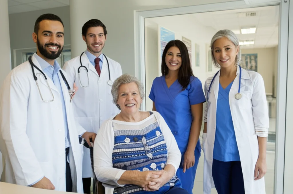 Fotografia di ritratto di un gruppo eterogeneo di pazienti, inclusa una persona anziana, che interagiscono positivamente con medici e infermieri in una sala d'attesa luminosa e moderna di una clinica di gastroenterologia. Obiettivo 35mm, profondità di campo, illuminazione naturale controllata.