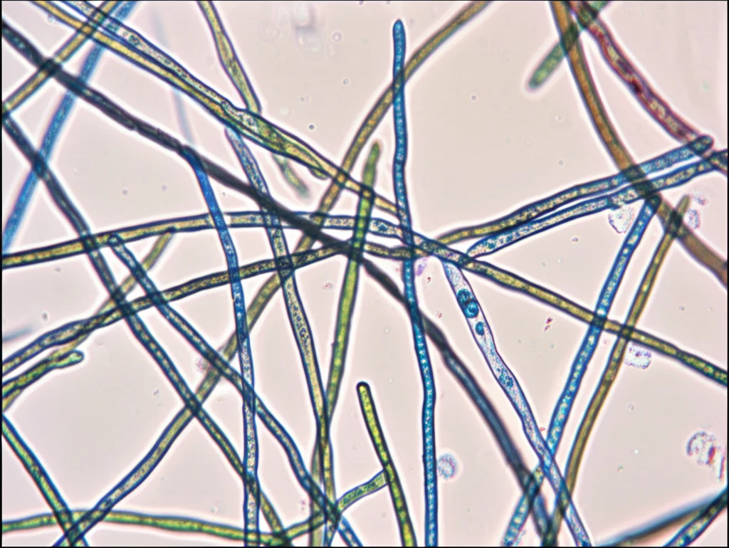 Microfotografia ad altissima risoluzione di ife fungine di Phaeoacremonium iranianum prelevate da un raschiamento corneale, colorazione con blu cotone lattofenolo, obiettivo macro 100mm, illuminazione da microscopio controllata, alta definizione dei dettagli delle ife settate e ramificate e dei conidi, sfondo chiaro.