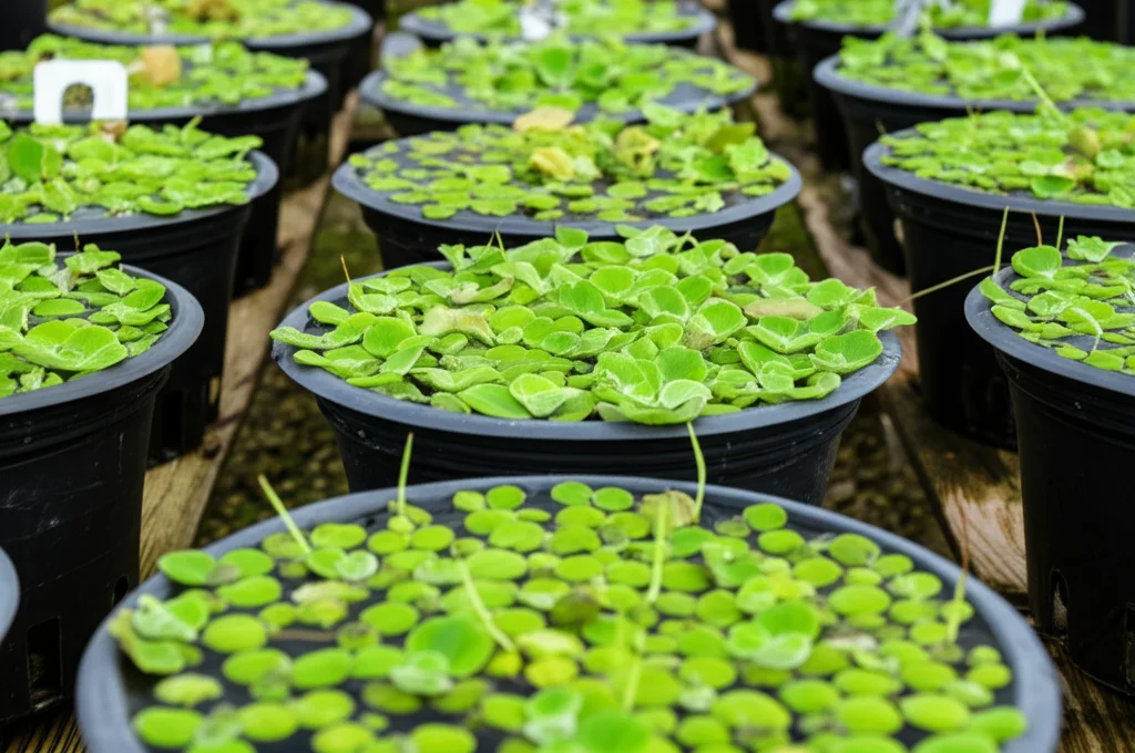 Fotografia di giovani piantine di ninfea (Nymphaea micrantha) acclimatate, che crescono vigorosamente in piccoli vasi neri allineati in una serra; lente prime 50mm, focus nitido sulle foglie verdi brillanti e galleggianti sull'acqua nei vasi, sfondo leggermente sfocato della serra.