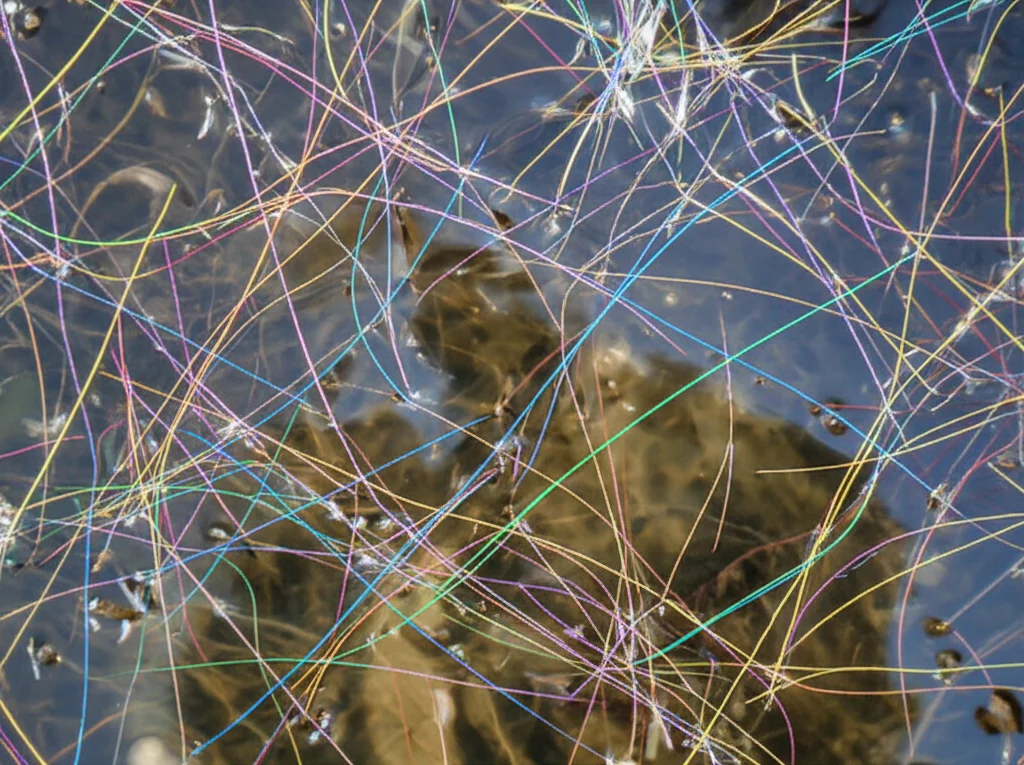 Lente macro, 85 mm, primo piano della superficie dell'acqua fluviale chiara con piccole fibre di plastica colorate a malapena visibili e frammenti galleggianti, dettagli elevati, focalizzazione precisa, illuminazione naturale controllata