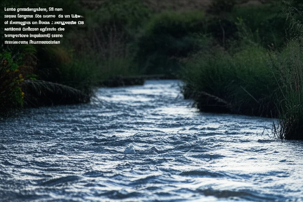 Lente grandangolare, 20 mm, acqua fangosa che scorre da un tubo di drenaggio in un flusso, suggerendo un deflusso agricolo che trasportava inquinanti come microplastici, focus acuto, illuminazione nuvolosa