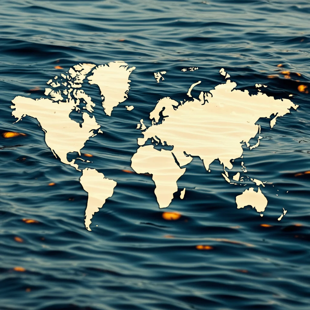 Visualizzazione dei dati astratti, mappa del mondo stilizzata sovrapposta su una consistenza dell'acqua che scorre, hotspot luminosi che indicano un'alta concentrazione microplastica in Asia, Europa, E. USA, Focus acuto