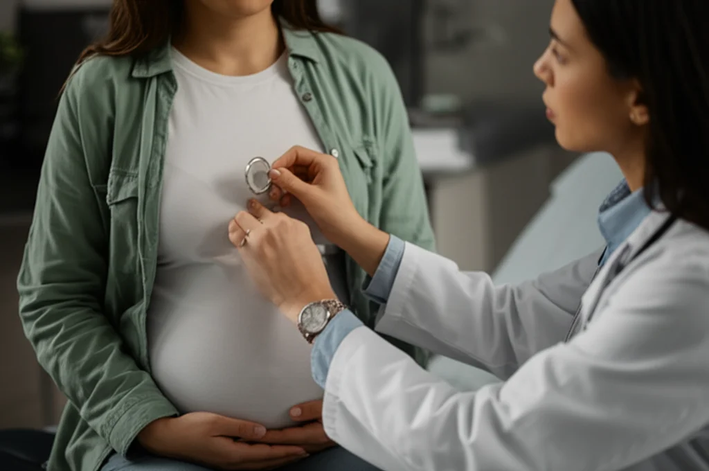 Primo piano di un medico che esamina delicatamente il collo di una donna incinta per controllare la tiroide, luce soffusa da studio, obiettivo prime 35mm, profondità di campo per sfocare lo sfondo.