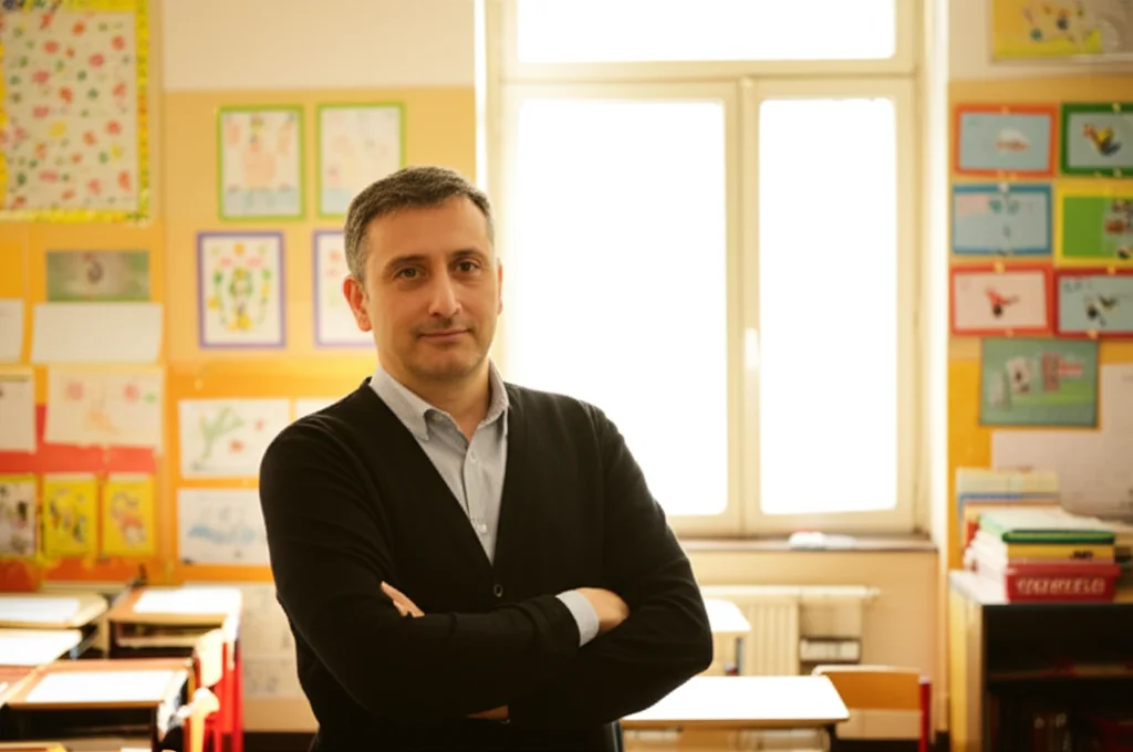 Ritratto di un insegnante di scuola primaria, uomo di circa 40 anni, in un'aula colorata ma ordinata, guarda fuori dalla finestra con espressione pensierosa ma serena. Luce naturale morbida, obiettivo 50mm, profondità di campo che sfoca leggermente lo sfondo pieno di disegni infantili. Stile fotorealistico.