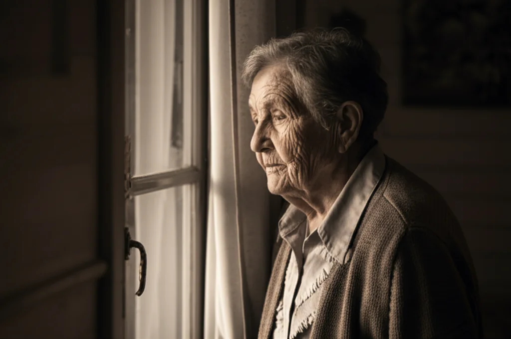 Immagine fotorealistica di una donna anziana europea con una postura leggermente curva che guarda fuori da una finestra, pensierosa. Scatto con obiettivo prime 35mm, profondità di campo ridotta per focalizzare sull'espressione, toni seppia e grigio duotone per un'atmosfera riflessiva sulla fragilità ossea.