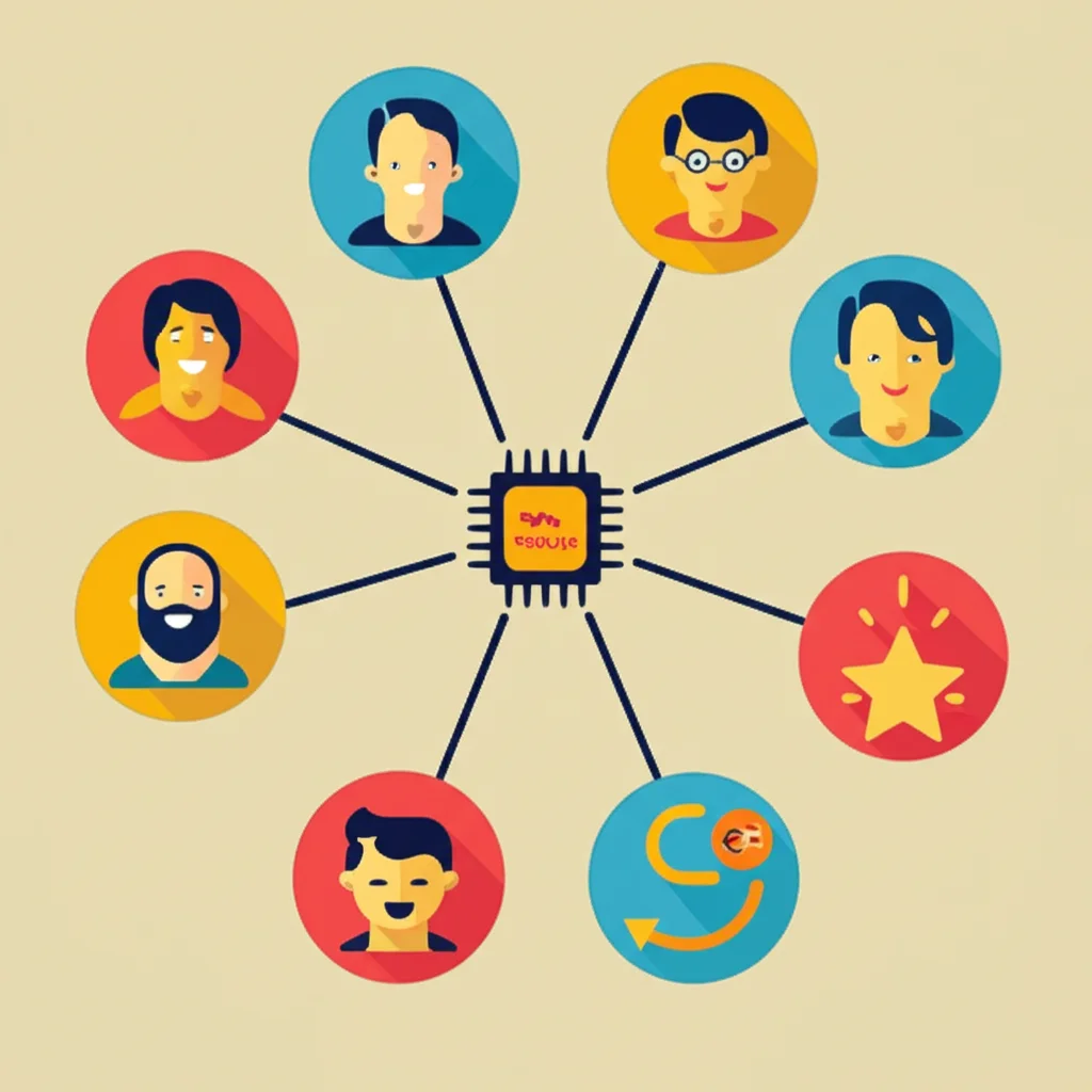 Infografica stilizzata che mostra sei icone diverse rappresentanti le sei strategie (es. un cervello per EduNova, un cuore per Zen Teacher, un chip per Smart Schools, una rete per Community Heroes, una moneta d'oro per Golden Ticket, una stella per Star Educator) collegate a dieci icone più piccole rappresentanti i criteri di valutazione (es. un volto sorridente, un simbolo dell'euro, una freccia circolare, ecc.). Colori vivaci su sfondo neutro, stile flat design.