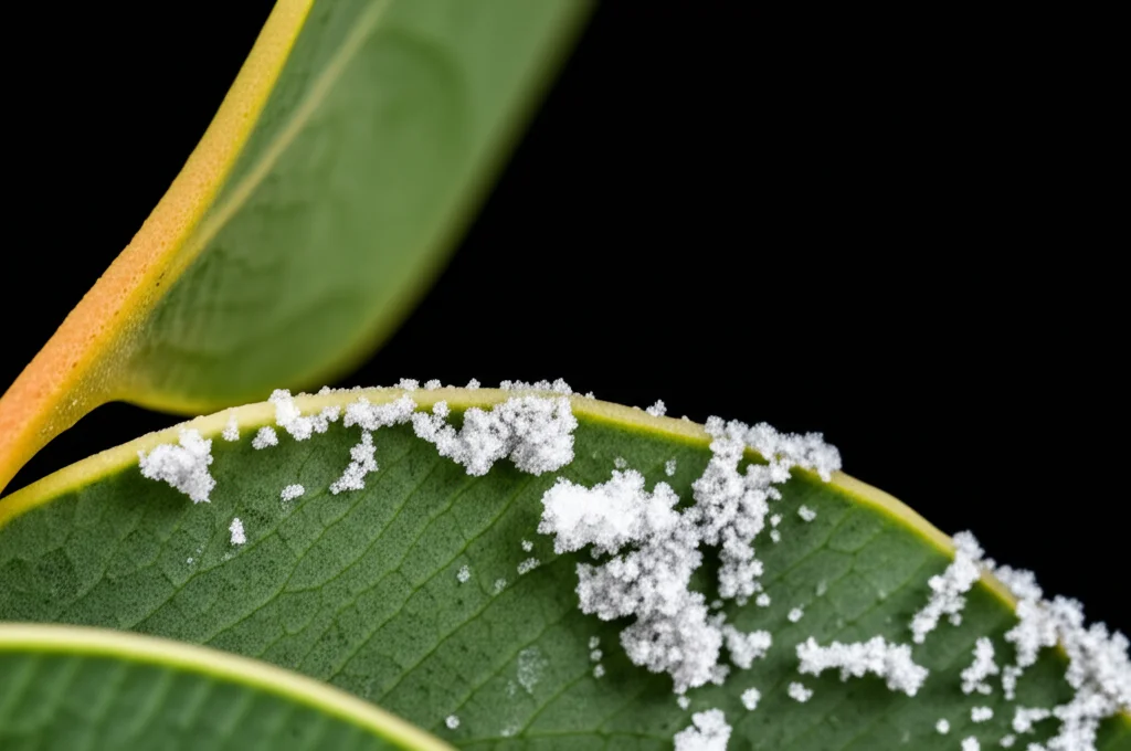 Macro fotografia, 80mm lens, di minuscole nanoparticelle cristalline bianche e grigie (MgO/ZrO2) accanto a una foglia verde brillante di Eucalyptus camaldulensis, alto dettaglio, messa a fuoco precisa, illuminazione controllata da laboratorio.