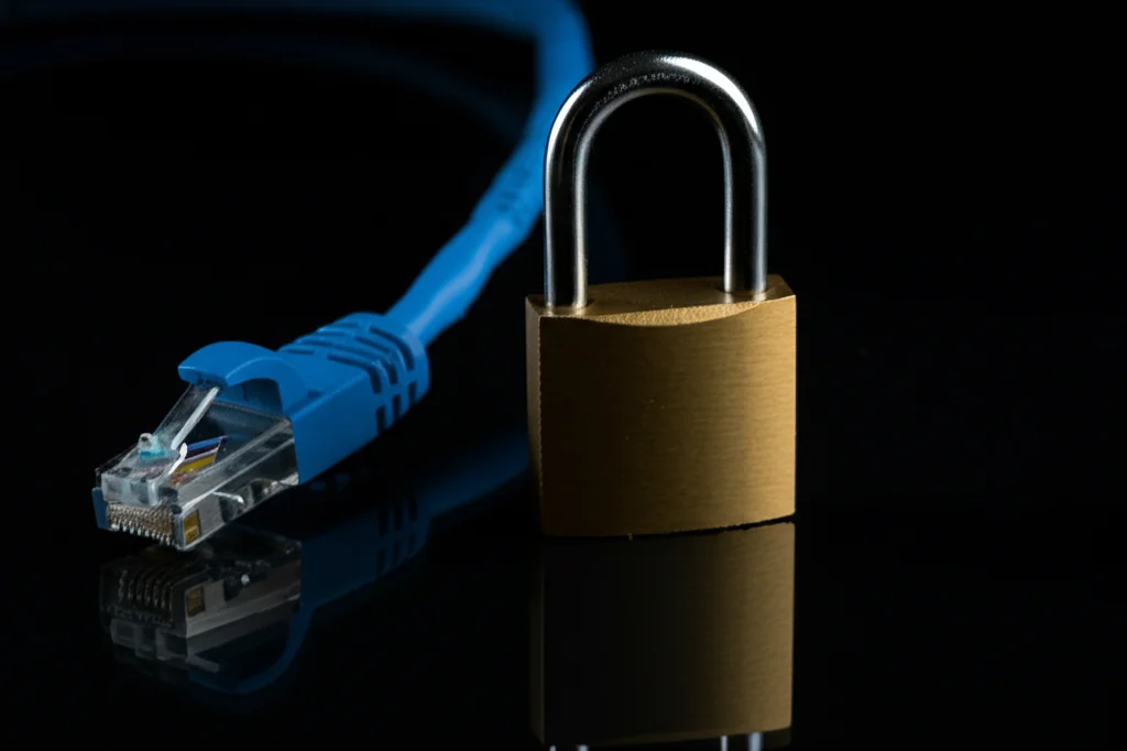 Fotografia still life di un lucchetto robusto e moderno appoggiato su una superficie riflettente scura, accanto a un cavo di rete Ethernet blu, illuminazione drammatica laterale controllata per creare ombre profonde, obiettivo macro 85mm, alta definizione sui dettagli metallici del lucchetto, simbolo di sicurezza di rete.