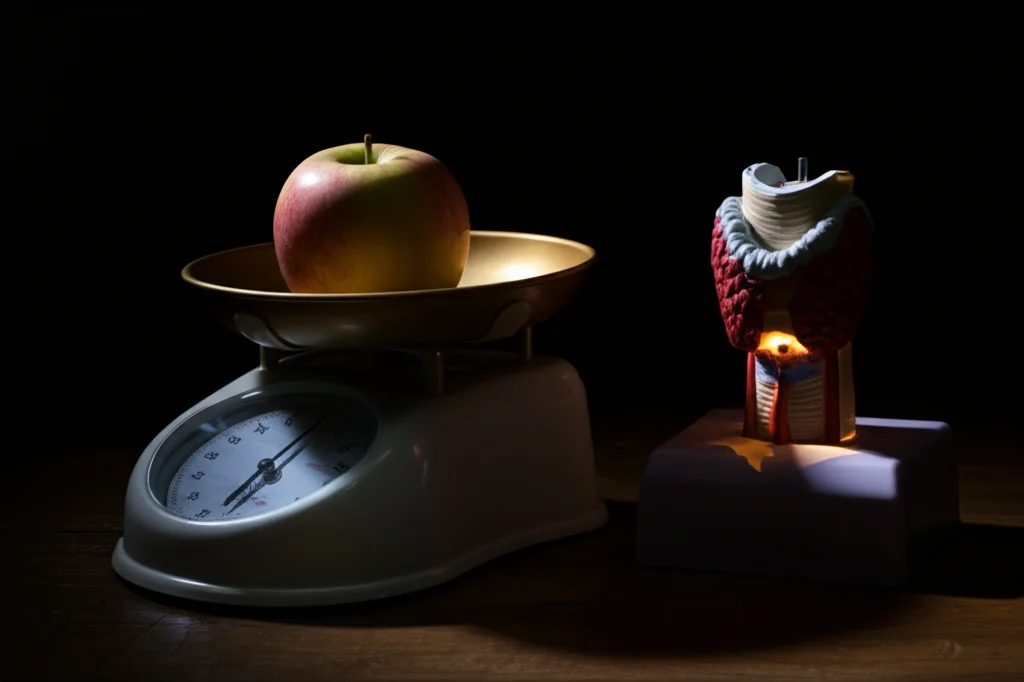 Fotografia still life simbolica: una bilancia da cucina con sopra una mela (peso normale) e accanto un modello anatomico stilizzato della tiroide illuminato debolmente; luce laterale drammatica, obiettivo 50mm.