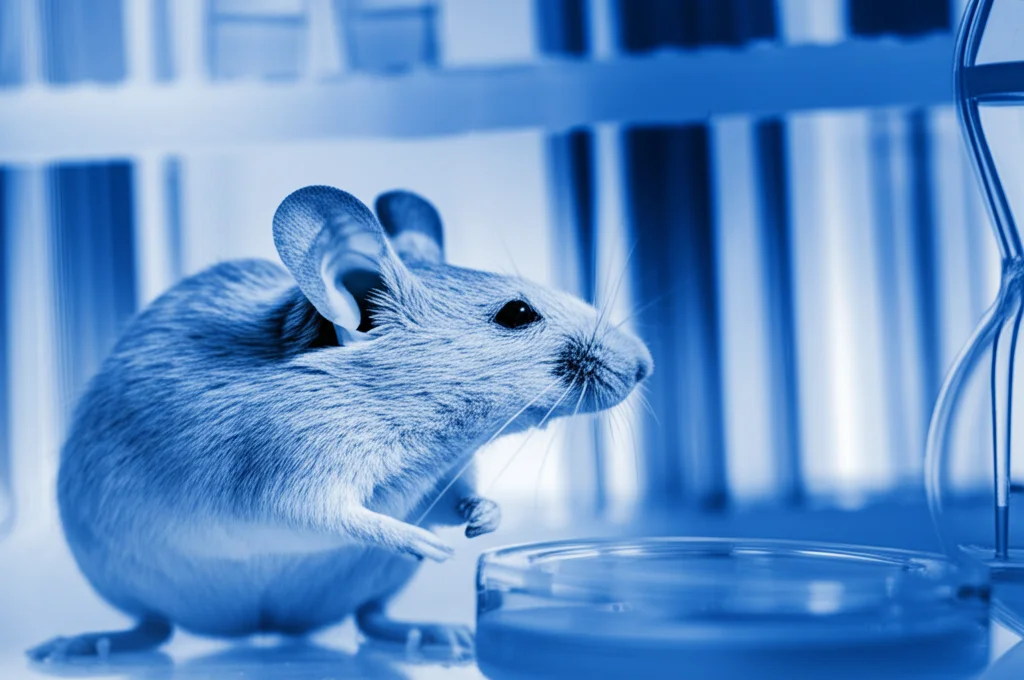 Immagine fotorealistica, obiettivo primario, 35mm, profondità di campo, che mostra un modello di topo da laboratorio in un ambiente controllato, simboleggiando la ricerca sulla malaria, con sottili accenni di attrezzature scientifiche sullo sfondo, duotono blu e bianco.