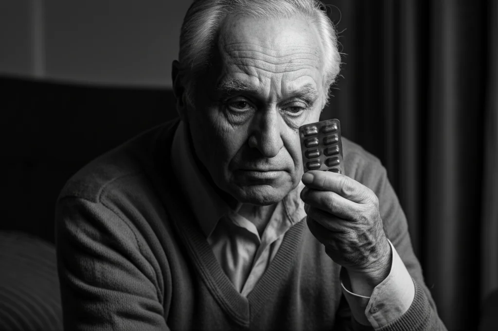 Ritratto fotorealistico di un uomo anziano europeo dall'aspetto sano ma con espressione leggermente preoccupata, mentre guarda una confezione di farmaci per l'osteoporosi. Obiettivo 50mm, stile film noir con forti contrasti bianco e nero, per sottolineare la sotto-diagnosi e la mancanza di trattamento nel sesso maschile.