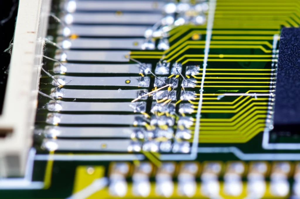 Immagine macro, lente 90mm, di un chip CMUT pre-caricato montato su una scheda PCB. Si vedono i sottili fili di collegamento (bond wires) che vanno dal chip ai pad della scheda. Illuminazione da laboratorio controllata, alta definizione per mostrare i dettagli della microfabbricazione e dei collegamenti.