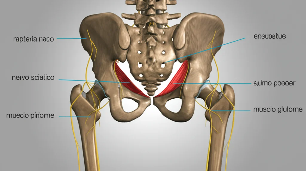 Fotografia anatomica che mostra la relazione variabile tra il nervo sciatico e il muscolo piriforme nella regione glutea, vista posteriore, luce diffusa, profondità di campo moderata per evidenziare le strutture nervose e muscolari, etichette anatomiche digitali sovrapposte.
