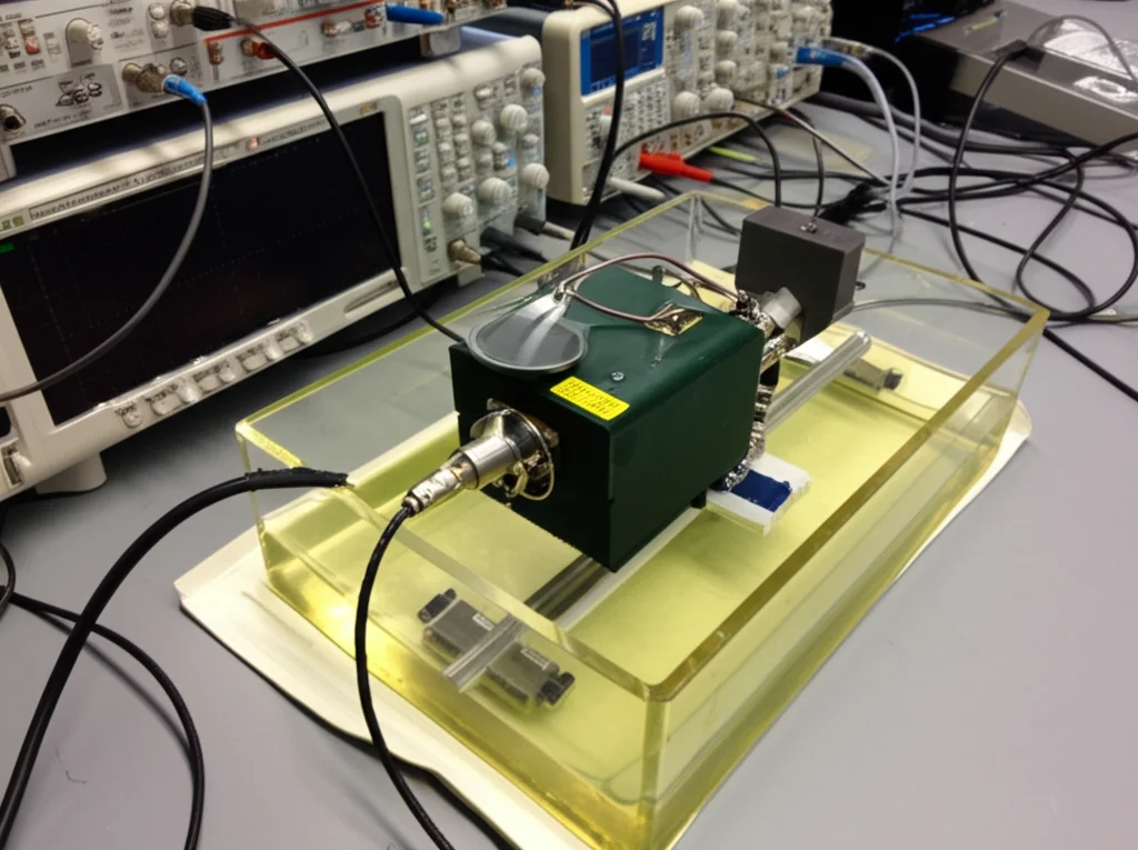 Fotografia di un setup sperimentale in laboratorio, wide-angle 20mm, che mostra un trasmettitore a ultrasuoni focalizzato (tipo Olympus V325) immerso in una vaschetta d'olio e allineato con il ricevitore CMUT. Sullo sfondo, strumentazione elettronica come oscilloscopio e generatore di funzioni. Messa a fuoco nitida sull'allineamento dei trasduttori.