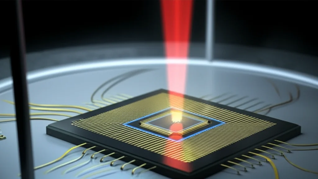 Immagine fotorealistica di un chip sensore flessibile ExG-OTFT/SPR in un ambiente di laboratorio high-tech. La luce laser interagisce con la superficie dorata nanostrutturata (MPG) del sensore. In primo piano il chip flessibile collegato a delicati fili elettrici. Obiettivo macro 90mm, illuminazione controllata da laboratorio, alta definizione dei dettagli del chip.
