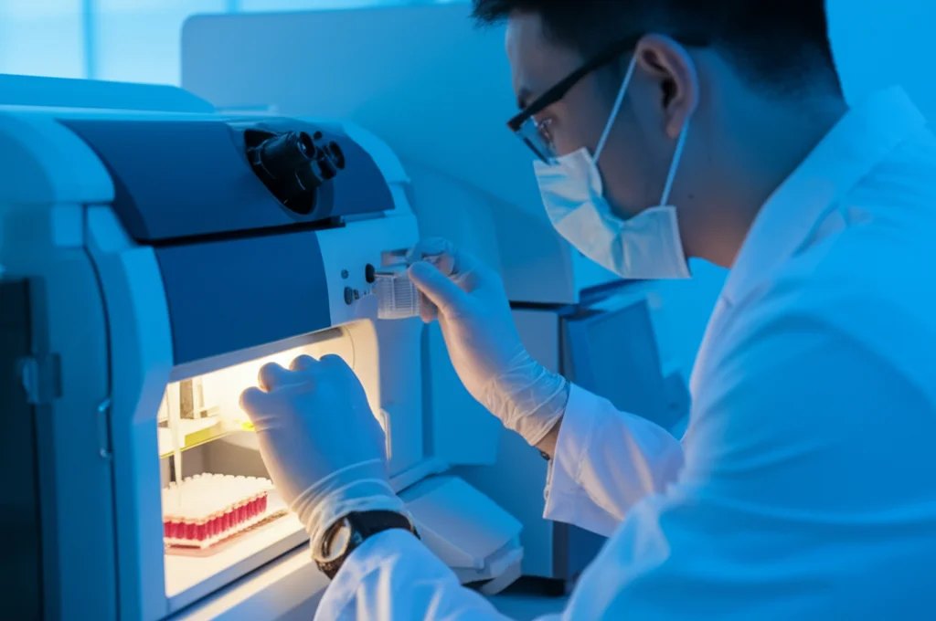 Primo piano di un tecnico di laboratorio che analizza campioni di midollo osseo utilizzando un citometro a flusso. Macro lens, 60mm, High detail, precise focusing, controlled lighting, luci bluastre soffuse che illuminano la strumentazione scientifica.