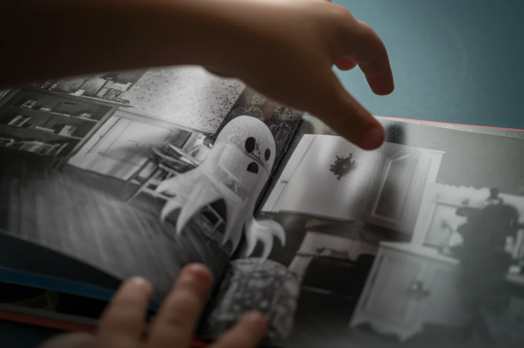 Primo piano di una mano di bambino che gira delicatamente una pagina trasparente di un libro illustrato ('There's a Ghost in This House'), rivelando un fantasma disegnato sovrapposto a una fotografia in bianco e nero di una stanza. Profondità di campo, luce soffusa laterale, obiettivo prime 35mm.
