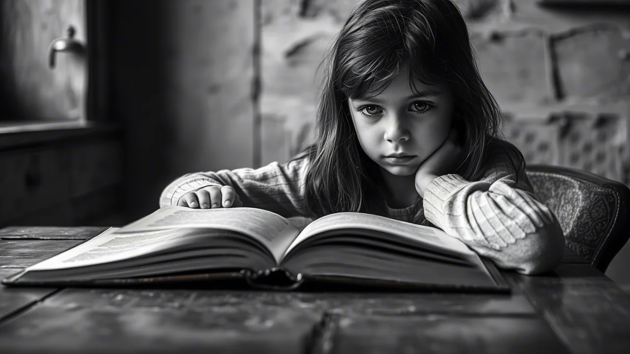 Ritratto fotografico in bianco e nero di una bambina che guarda con espressione interrogativa un libro aperto posato su un tavolo antico, stile film noir, obiettivo prime 35mm, profondità di campo accentuata.