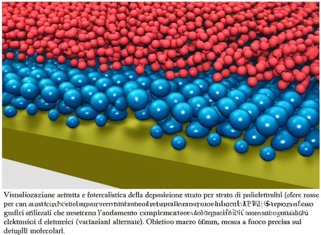 Visualizzazione astratta e fotorealistica della deposizione strato per strato di polielettroliti (sfere rosse per carica positiva, sfere blu per carica negativa) su una superficie nanostrutturata dorata (MPG). Sovrapposti ci sono grafici stilizzati che mostrano l'andamento complementare dei segnali SPR (aumento graduale) ed elettronici (variazioni alternate). Obiettivo macro 60mm, messa a fuoco precisa sui dettagli molecolari.