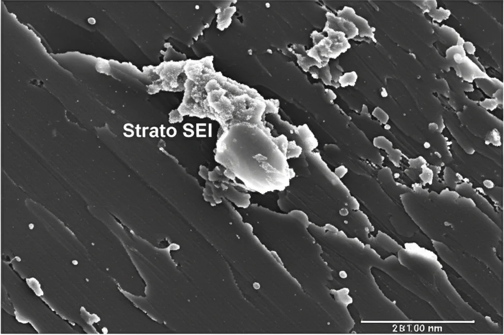 Immagine al microscopio elettronico a scansione (SEM) della superficie di un elettrodo in carbonio duro, alta definizione, che mostra la formazione dello strato SEI (Solid Electrolyte Interphase) liscio e compatto grazie all'aggiunta di LiPF6, illuminazione laterale per enfatizzare la texture.