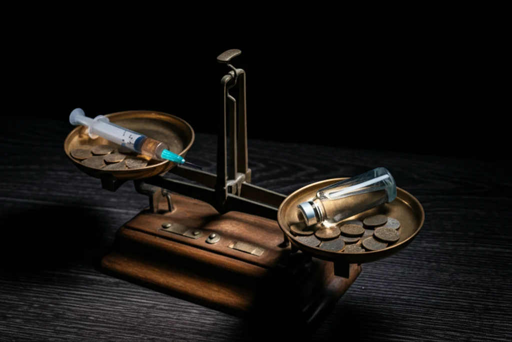 Fotografia still life, bilancia antica in ottone su un tavolo di legno scuro. Su un piatto ci sono una siringa da vaccino e un flacone spray di disinfettante. Sull'altro piatto ci sono poche monete antiche. La bilancia pende leggermente verso il lato delle monete, simboleggiando la costo-efficacia. Obiettivo macro 85mm, illuminazione drammatica laterale, alta definizione, sfondo sfocato.