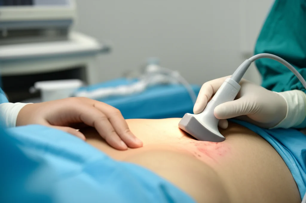 Immagine fotorealistica di un anestesista che esegue un blocco nervoso ecoguidato sulla parete addominale di un paziente sdraiato. Focus sulla sonda ecografica, sullo schermo che mostra le strutture anatomiche e sull'ago sottile. Illuminazione controllata da sala operatoria, dettagli nitidi sull'attrezzatura medica. Obiettivo macro 70mm.