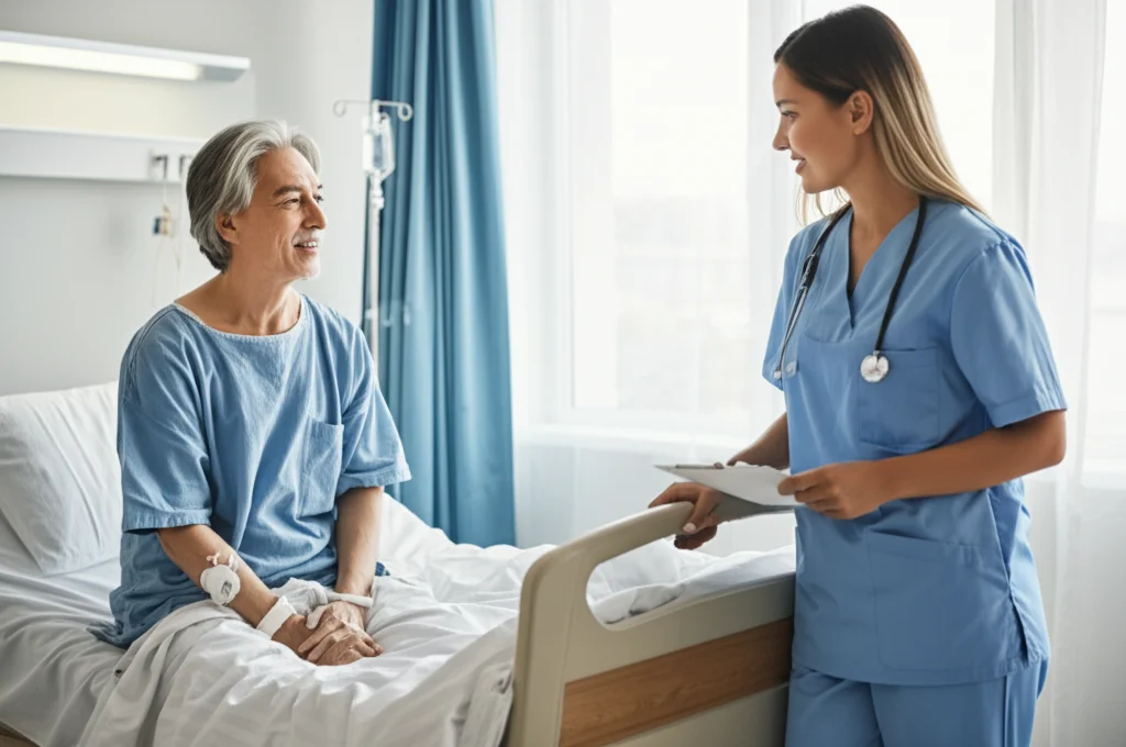 Fotografia di un paziente sorridente seduto sul bordo del letto d'ospedale, assistito da un'infermiera gentile, simbolo di un recupero post-operatorio rapido e confortevole. Luce naturale dalla finestra, atmosfera positiva. Obiettivo prime 35mm, profondità di campo media.