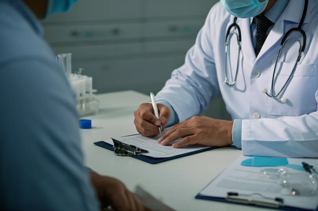 Primo piano di un medico nefrologo che esamina attentamente i risultati di laboratorio di un paziente con malattia renale cronica, luce da studio controllata, obiettivo macro 100mm, alta definizione dei dettagli sui documenti.