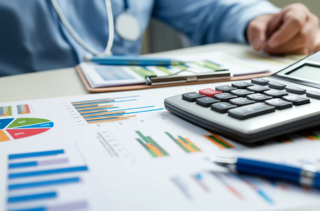 Fotografia di una calcolatrice e grafici finanziari su una scrivania in un ufficio ospedaliero, simboleggiando i costi elevati della malattia renale cronica, obiettivo prime 35mm, profondità di campo ridotta per focalizzare sui numeri.