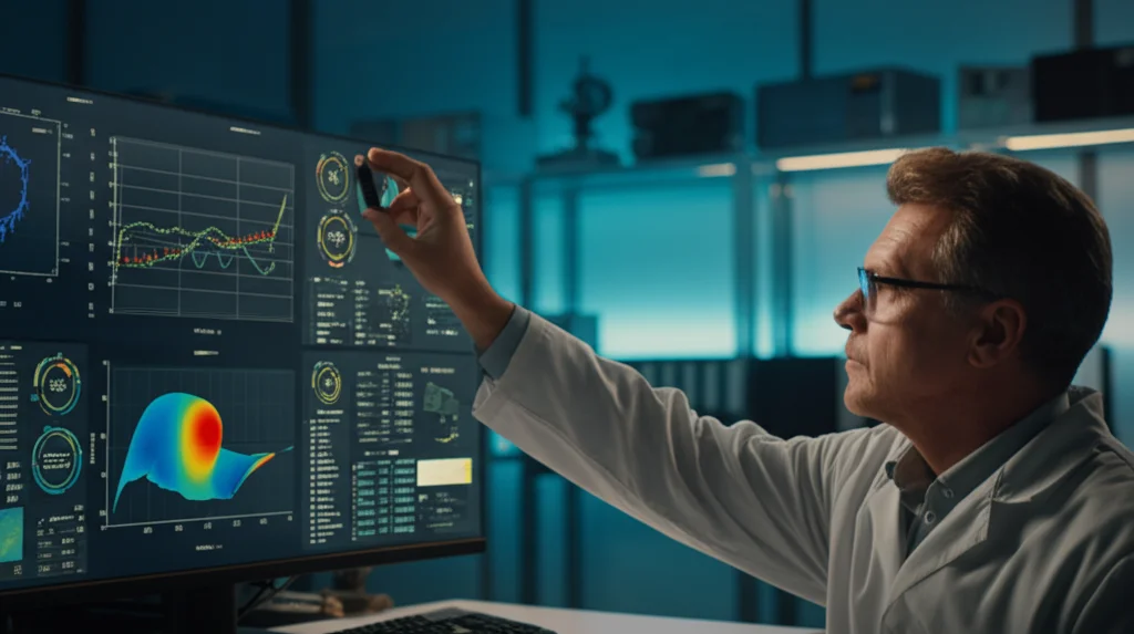 Immagine fotorealistica, obiettivo primario 35mm, profondità di campo, che mostra uno scienziato che regola i parametri su un'interfaccia computer futuristica visualizzando grafici complessi relativi alla fluidodinamica (numeri di Reynolds, Damköhler visibili), illuminazione soffusa da laboratorio.