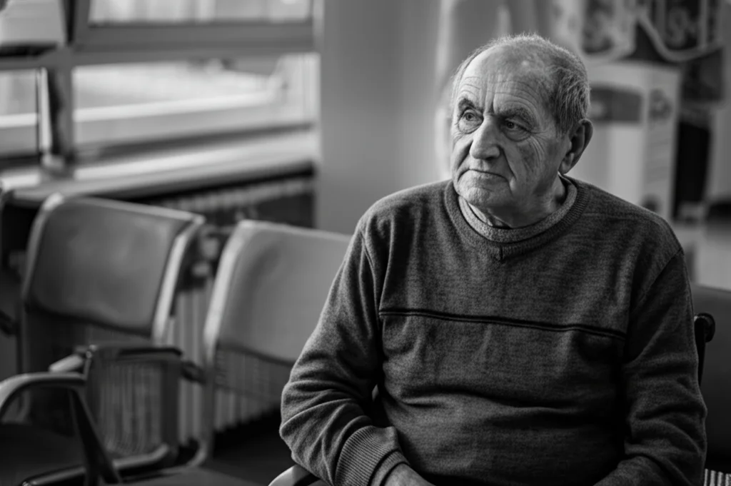 Ritratto di un paziente anziano con espressione pensierosa seduto in una sala d'attesa ospedaliera, luce naturale soffusa dalla finestra, obiettivo 50mm, bianco e nero cinematografico per enfatizzare l'aspetto umano della malattia cronica.