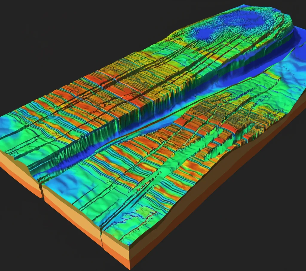 Visualizzazione 3D di dati sismici del sottosuolo marino nel Delta del Niger, che mostra strati geologici complessi e faglie evidenti. Utilizzare un obiettivo grandangolare, focale 15mm, per catturare l'ampiezza della struttura, con illuminazione controllata per evidenziare le discontinuità delle faglie, sharp focus.