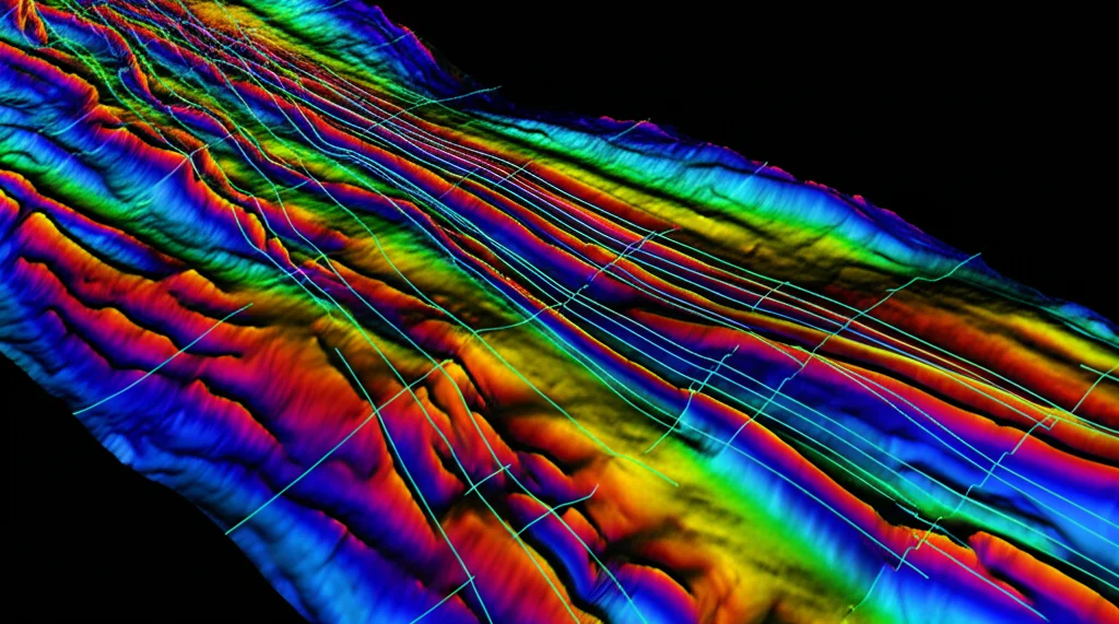 Schermata di un software geofisico che mostra l'interpretazione di faglie (linee colorate) e orizzonti (superfici colorate) su una sezione sismica 3D. Dettaglio elevato sui marker di interpretazione, illuminazione controllata per evidenziare i dati, macro lens, 80mm.