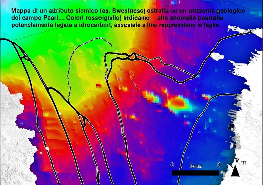 Mappa di un attributo sismico (es. Sweetness) estratta su un orizzonte geologico del campo Pearl. Colori caldi (rosso/giallo) indicano alte anomalie potenzialmente legate a idrocarburi, associate a linee che rappresentano le faglie. Vista dall'alto, high detail, precise focusing, controlled lighting, macro lens, 100mm.