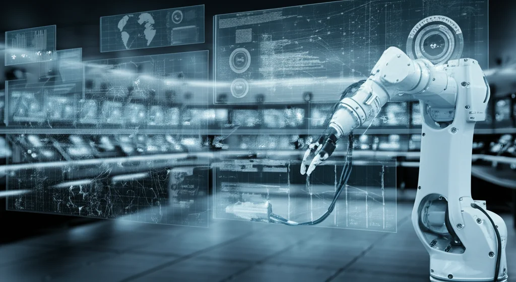 Scatto grandangolare, obiettivo da 24 mm, che raffigura una sala di controllo futuristica con display olografici che mostrano flussi di dati che collegano un braccio robotico fisico (WA-de-ded) alla sua simulazione gemella digitale, focus acuto, duotoni blu e grigi.