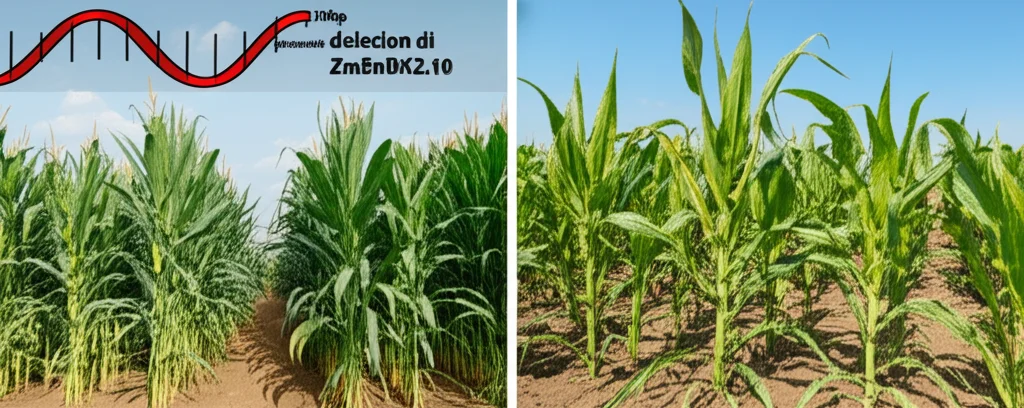 Immagine divisa: a sinistra, piante di mais rigogliose e sane rappresentanti la varietà con l'allele favorevole di ZmSnRK2.10. A destra, piante di mais più piccole e stressate dalla salinità, rappresentanti la varietà con la delezione nel promotore. Sovrapposta, una grafica stilizzata del DNA che evidenzia la delezione di 20bp nel promotore di ZmSnRK2.10. Scatto paesaggistico grandangolare, 20mm, messa a fuoco nitida su entrambe le scene, luce naturale.
