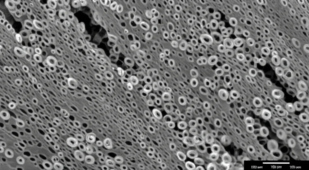 Immagine al microscopio elettronico a scansione criogenica (Cryo-SEM) che mostra la microstruttura porosa coassiale di un idrogel preparato con DMF, evidenziando pori grandi esterni e piccoli interni. Dettaglio elevato, illuminazione controllata, obiettivo macro 100mm.