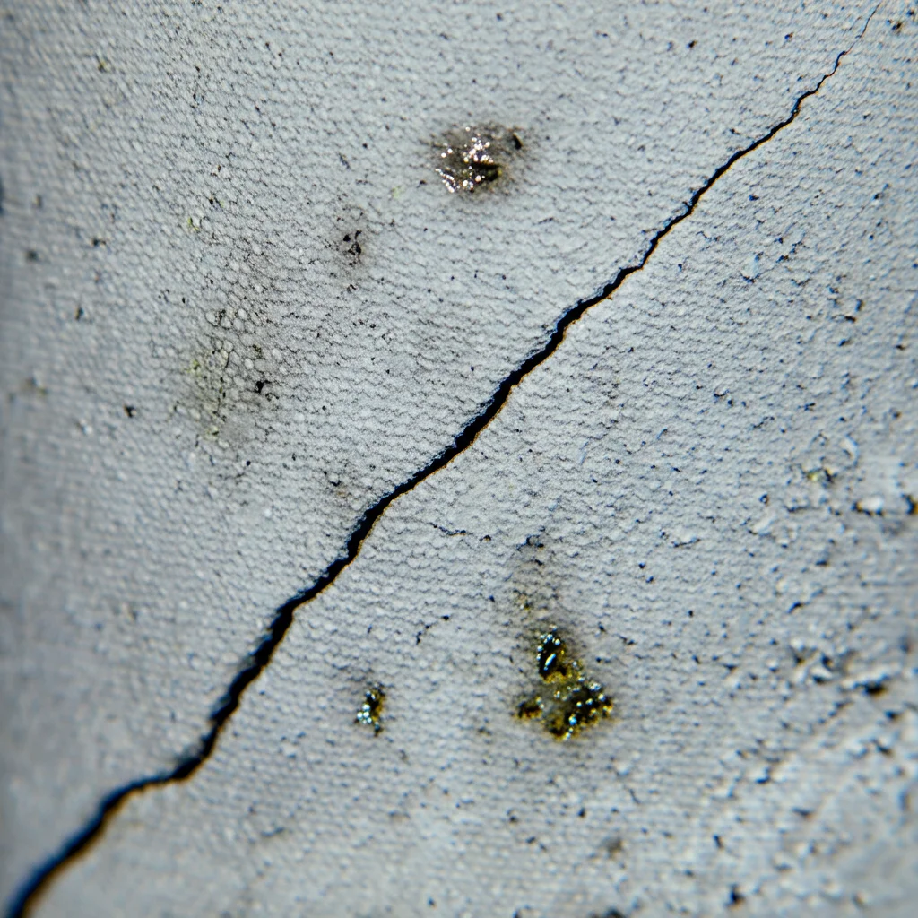 Immagine fotorealistica, macro lens (100mm), dettaglio di un campione cilindrico di CPB (Cemented Paste Backfill) in laboratorio dopo un test di fratturazione idraulica. Si nota una sottile crepa sulla superficie grigia e texturizzata del campione, con tracce residue di olio idraulico vicino alla frattura. Illuminazione controllata da laboratorio, alta definizione dei dettagli della pasta cementizia.