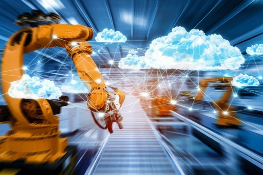 Lince ad angolo largo del paesaggio da 15 mm, raffigurante un pavimento di fabbrica automatizzato con bracci robotici più WA-age che funzionano perfettamente, collegati da linee di dati luminose a una rete di nuvole centrali visualizzate sopra, sfocatura del movimento regolare su robot, lunga esposizione.