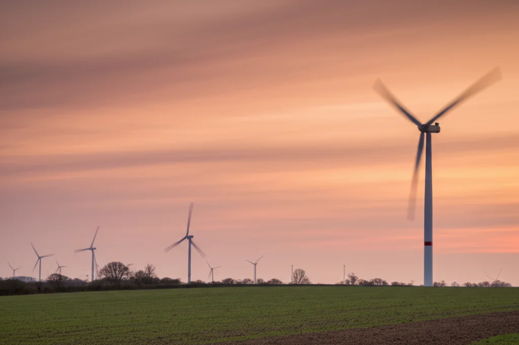 Fotografia grandangolare di un parco eolico moderno al tramonto, pale in movimento leggermente sfocate per indicare azione, cielo con colori caldi, obiettivo 15mm, lunga esposizione per nuvole soffici, messa a fuoco nitida sulle turbine.
