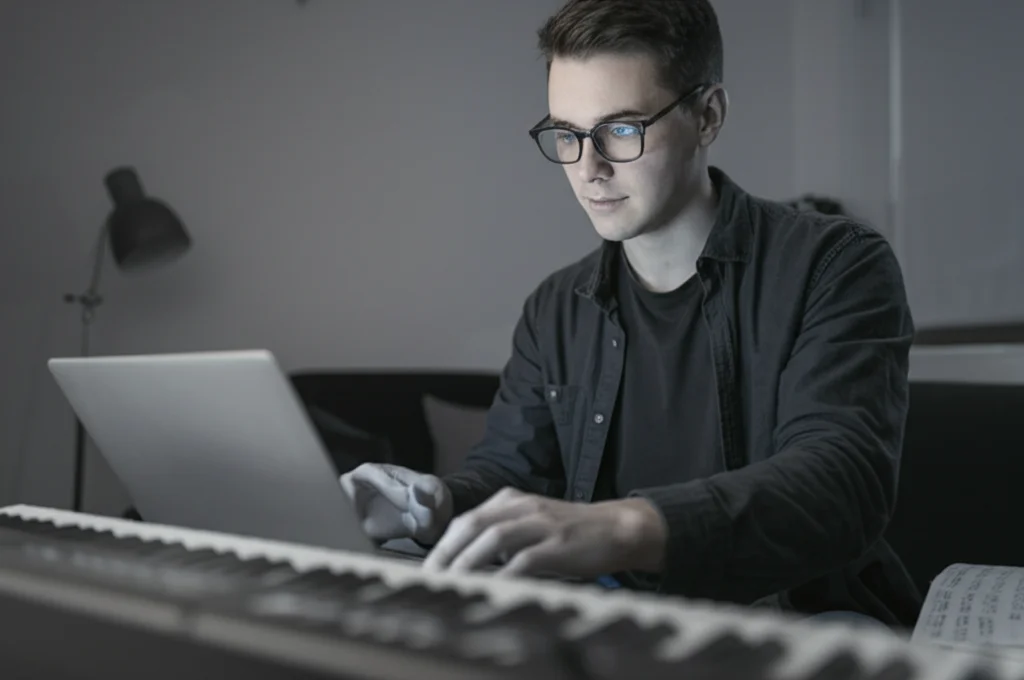 Fotografia ritratto di uno studente di musica universitario, espressione concentrata ma leggermente perplessa, mentre guarda lo schermo di un laptop durante una lezione online. In primo piano, fuori fuoco, si intravede una tastiera musicale o uno spartito. Obiettivo prime 35mm, profondità di campo accentuata per isolare lo studente, illuminazione interna naturale che crea un'atmosfera intima. Bianco e nero, film noir style.