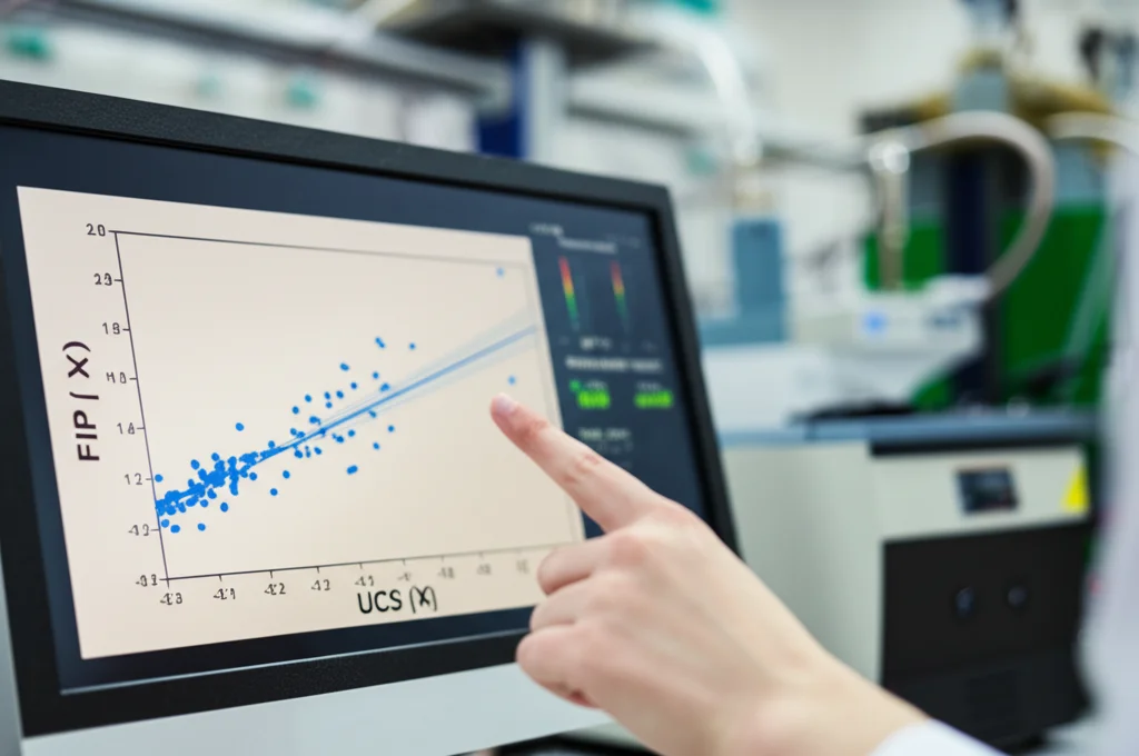 Immagine fotorealistica, obiettivo prime (50mm) con profondità di campo ridotta. Messa a fuoco su un grafico visualizzato su uno schermo di computer in un laboratorio. Il grafico mostra una forte correlazione lineare (con punti dati e linea di regressione) tra FIP (asse Y) e UCS (asse X) per campioni di CPB. Una mano sfocata indica un punto sul grafico. Sullo sfondo, attrezzature da laboratorio sfocate.