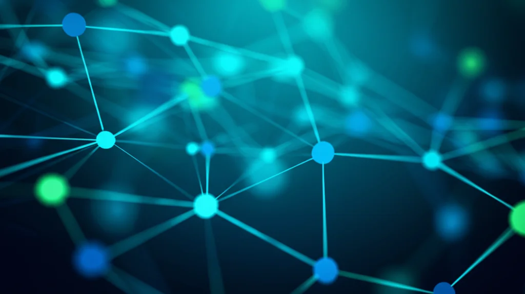 Visualizzazione astratta di un algoritmo genetico in azione, nodi interconnessi che rappresentano individui in una popolazione, alcuni nodi evidenziati che simboleggiano la selezione, colori blu e verde duotone, profondità di campo ridotta.