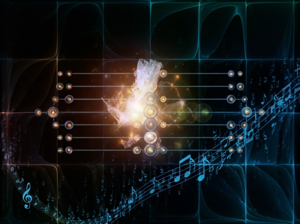 Visualizzazione astratta e high-tech di una rete neurale BP a doppio strato nascosto. Nodi luminosi interconnessi da linee di dati fluttuanti, su uno sfondo scuro con tenui sovrapposizioni di simboli musicali digitali (note, chiavi). Illuminazione controllata che enfatizza la struttura della rete, high detail, precise focusing, stile cyber-futuristico.